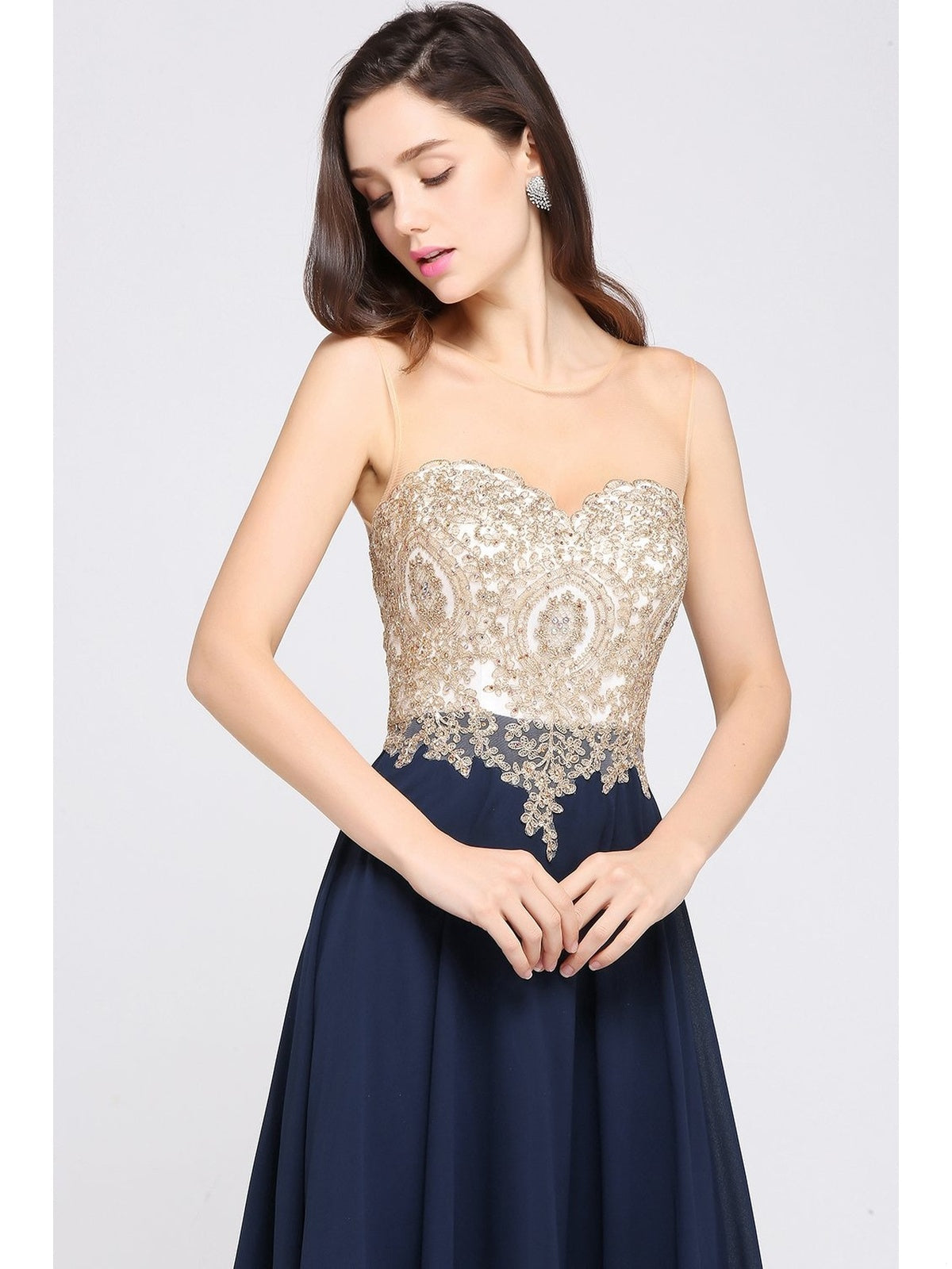 MISSHOW Chic Rochie de seara lunga eleganta sifon cu aplicatii florale albastru-crem