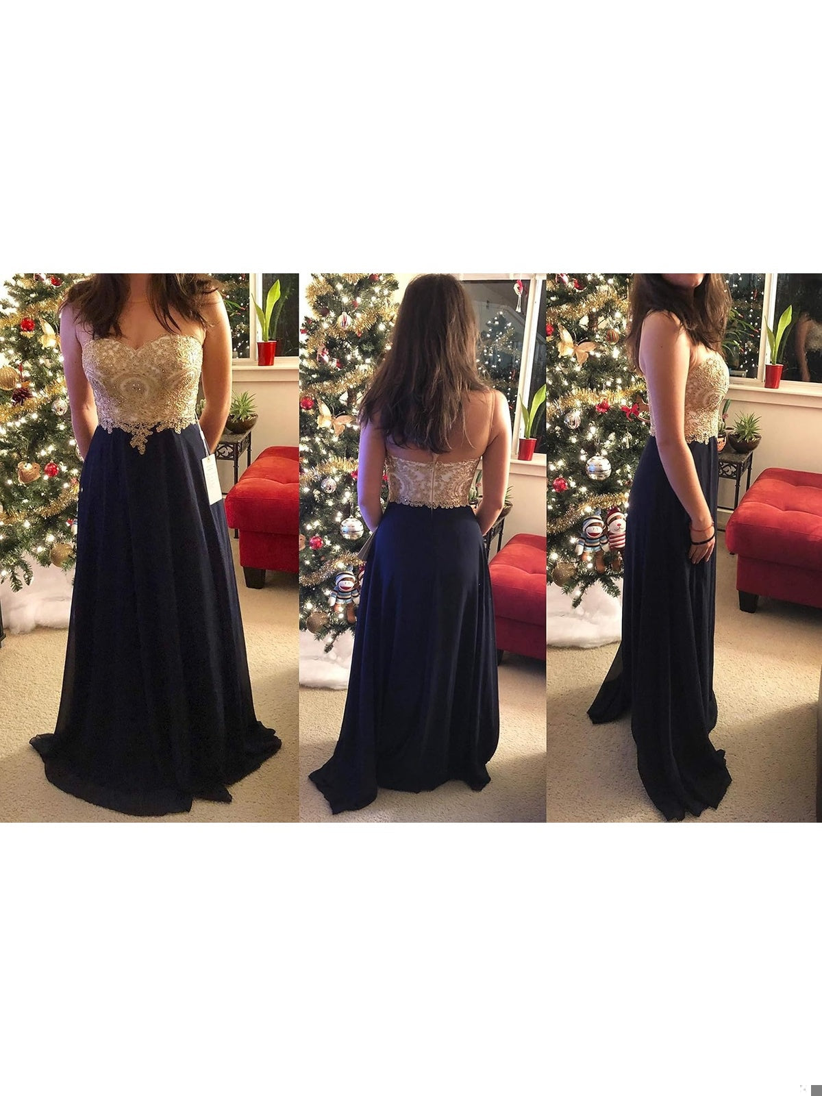 MISSHOW Chic Rochie de seara lunga eleganta sifon cu aplicatii florale albastru-crem