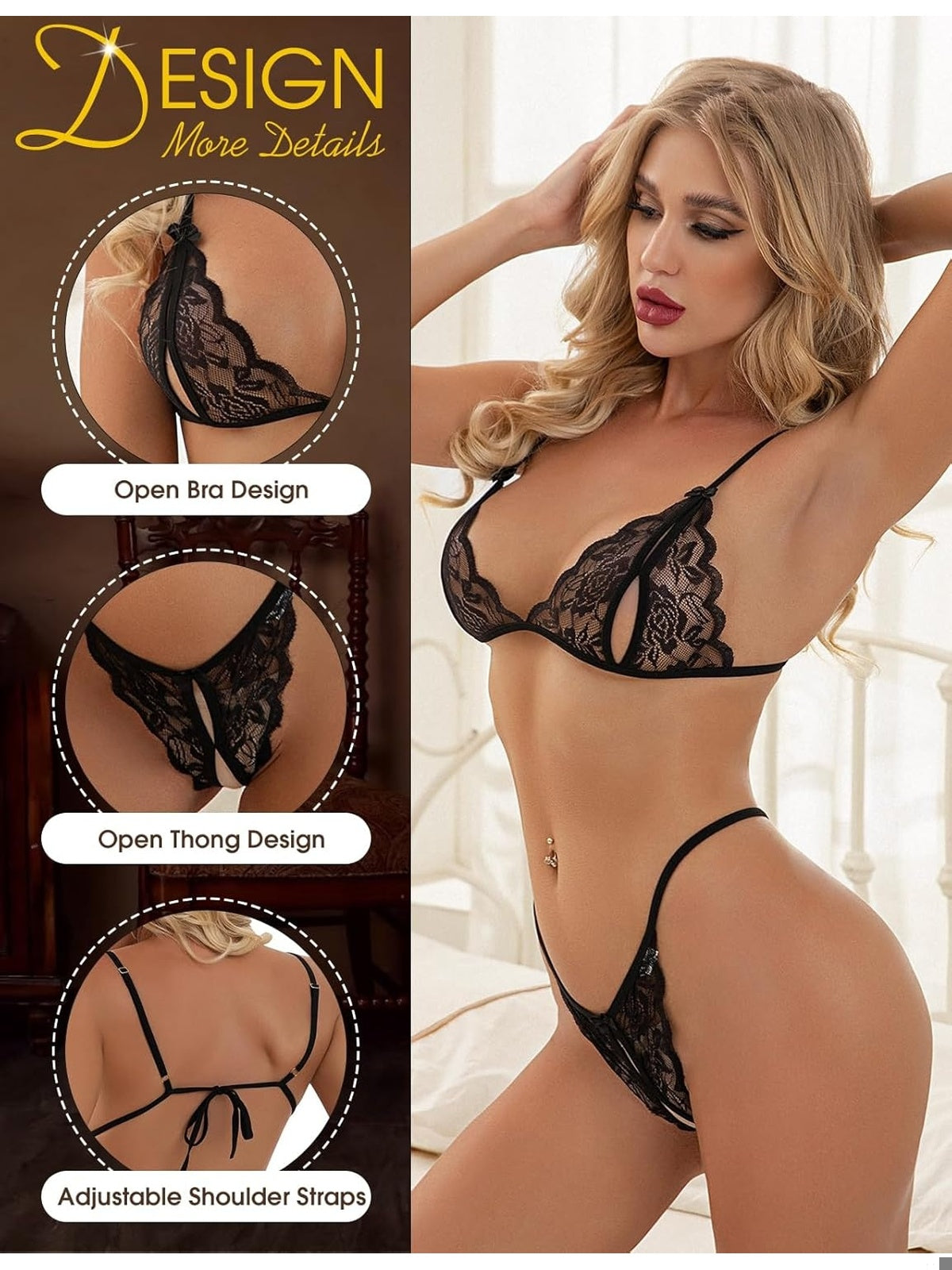 HEEKPEK Lenjerie intima sexy din dantela chilot tanga si sutien reglabil femei