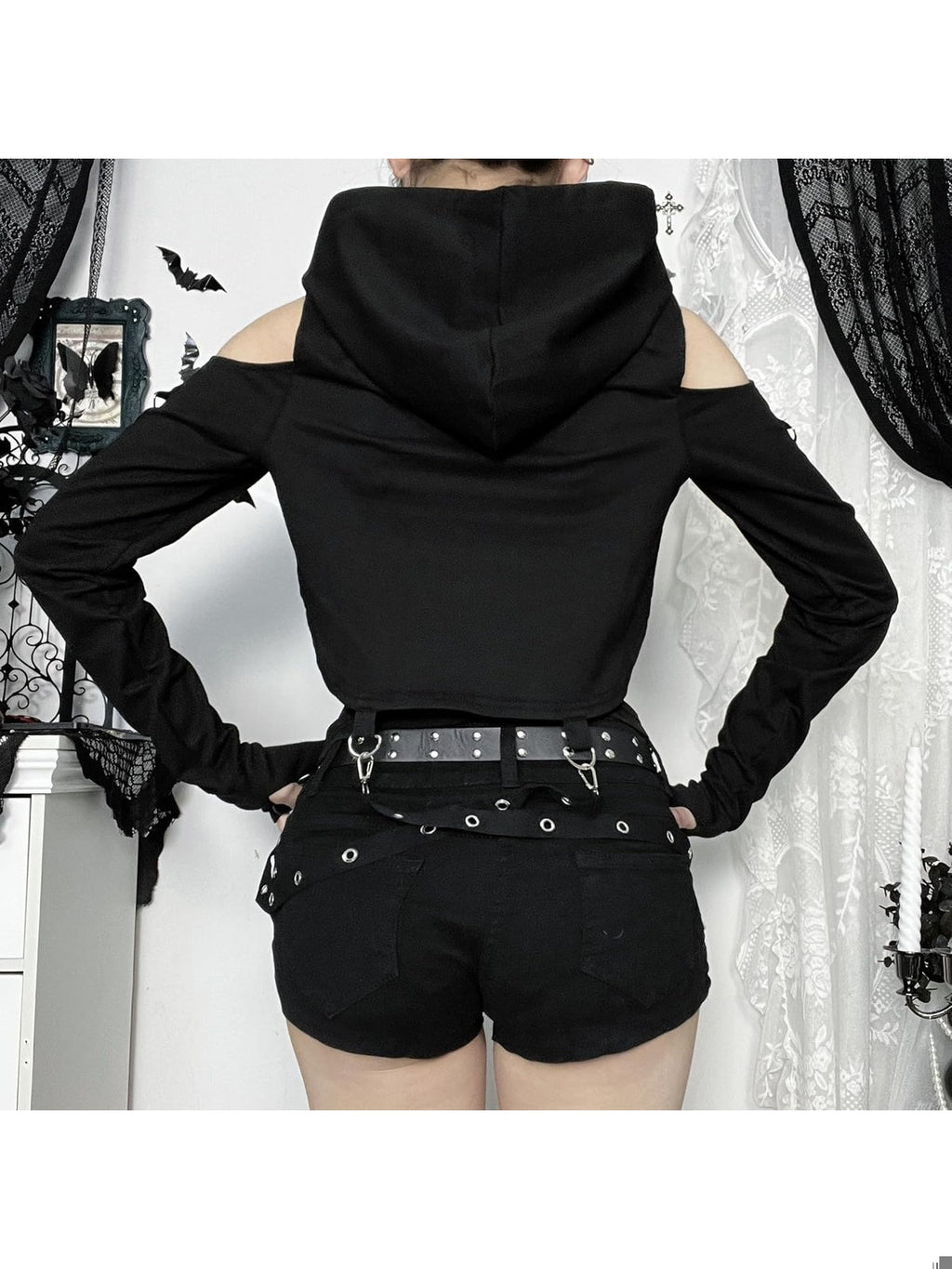 YINGWIN Hanorac crop top cu lant punk negru femei