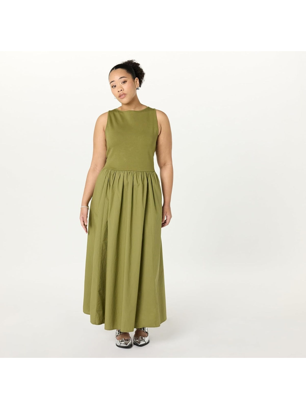THE DROP Rochie midi plisata din material mixt olive femei