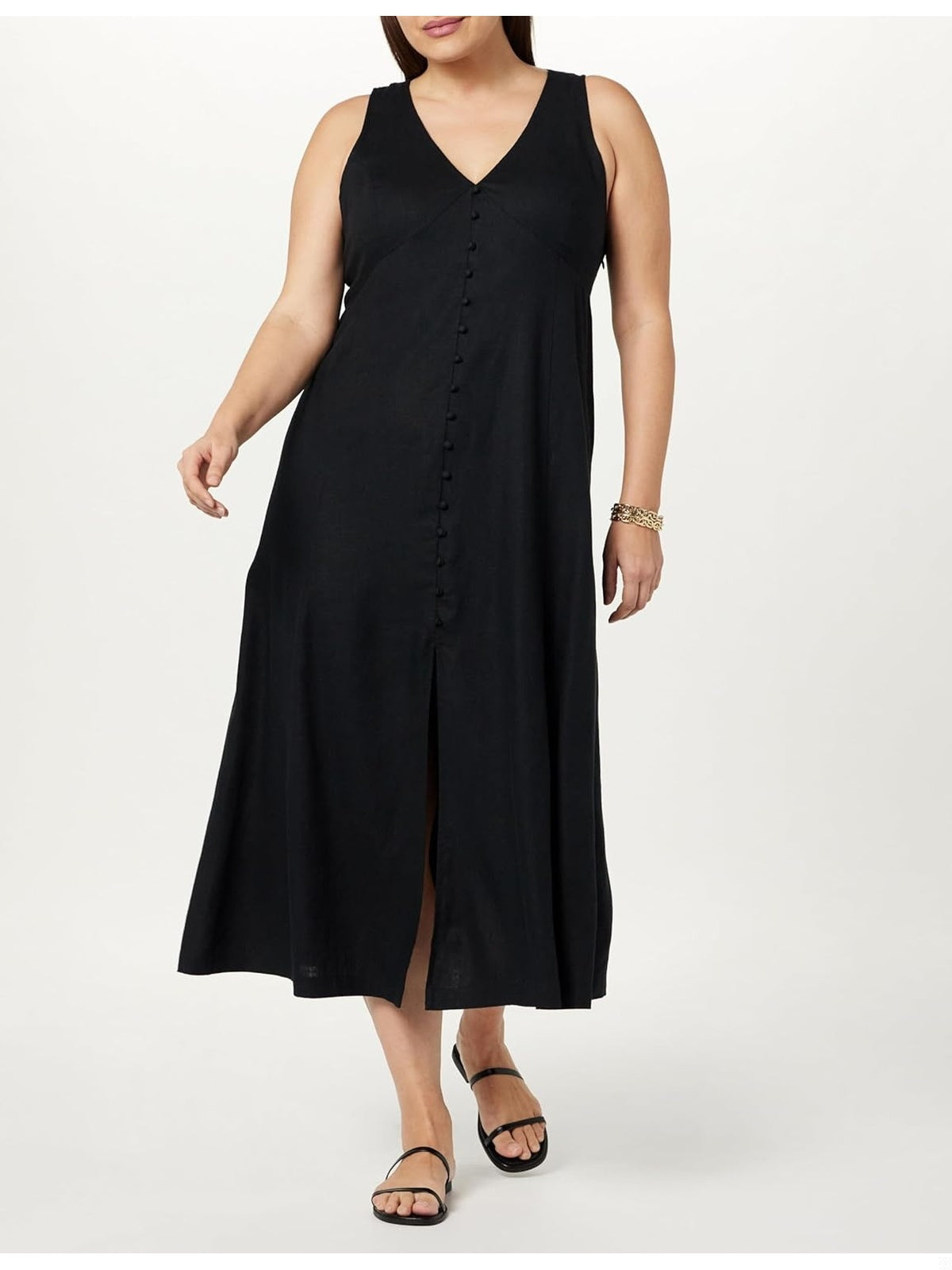 THE DROP Blanca Rochie lunga din in cu nasturi Orange v-neck femei